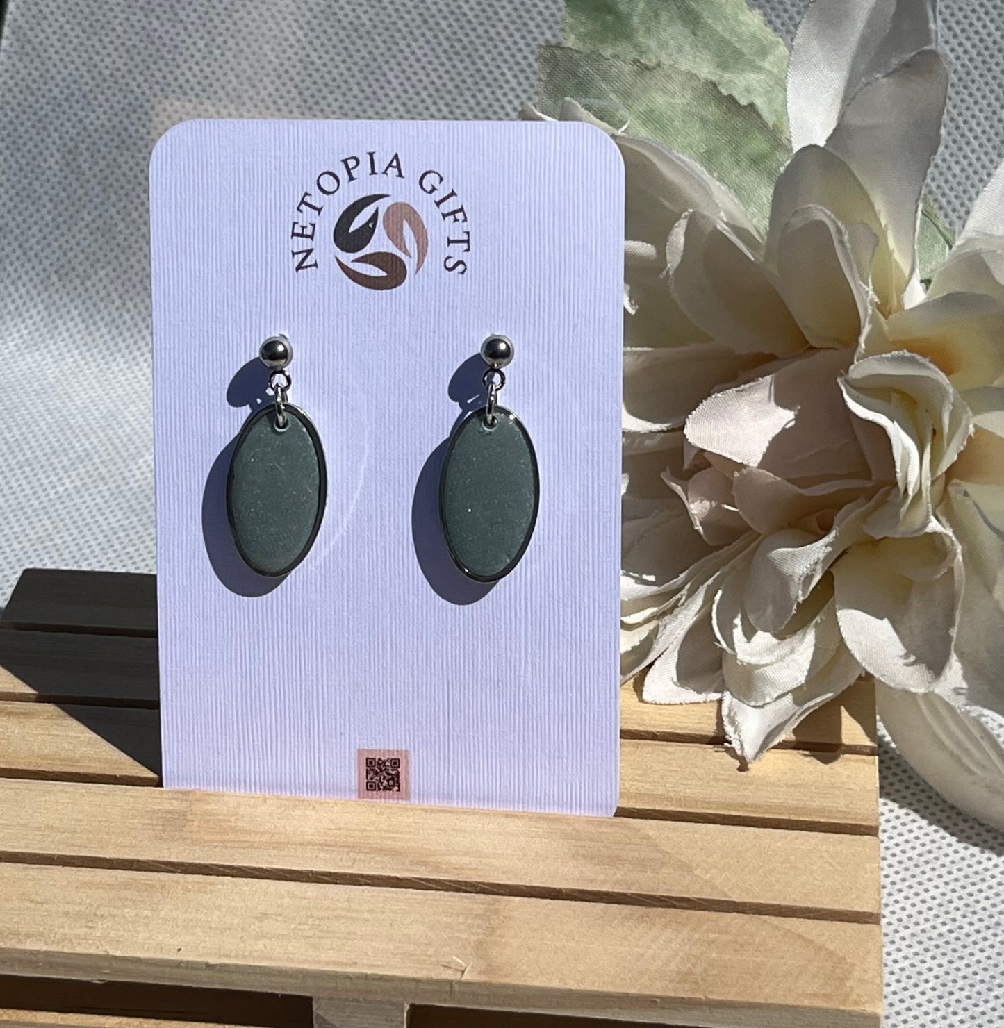 Grey oval drop earring