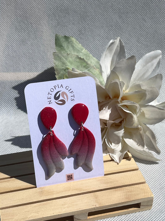 Ruby red/silver feather dangle earrings
