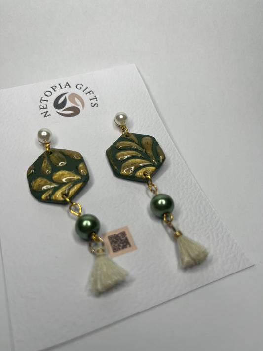 Green pearl tassel earrings